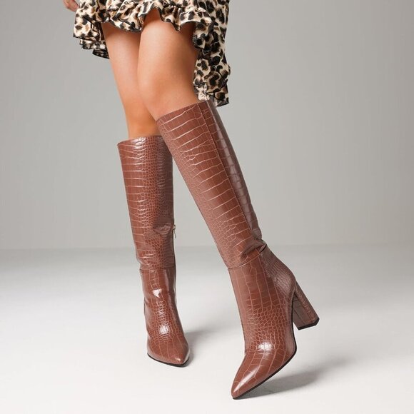 🆕Women Brown Knee High Faux Crocodile Long Tall Pointed Chunky High Heel Boots - Picture 5 of 6